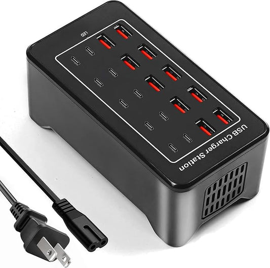USB Charging Station, USB C Charger Block, 20Port (20A) Multiple Charging Hub Desktop 10 Port USB Charger Compatible for Apple iPhone, iPad, Samsung, Pixel, Cell Phone, Tablets, Office Home Use