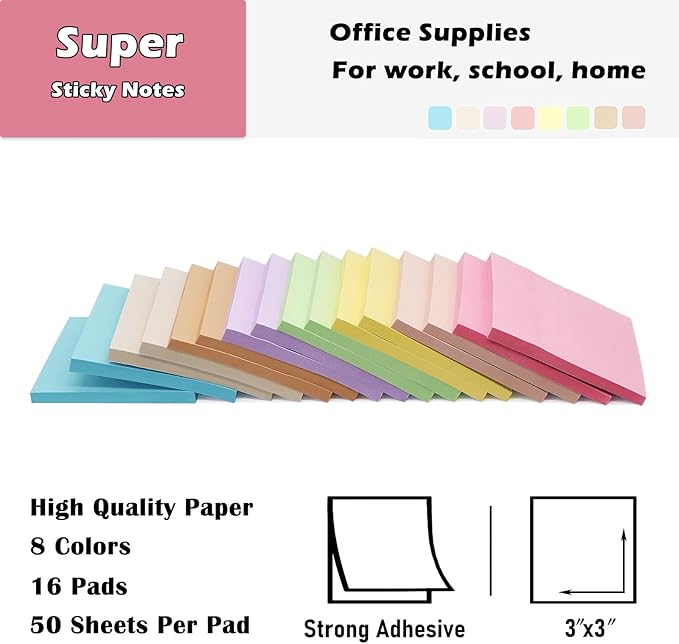 16 Pack Sticky Notes 3x3 in Post, Pastel Colors Sticky Note Pads, Recyclable, Sticky Notes Bulk Easy to Post for Home, Office, Notebook