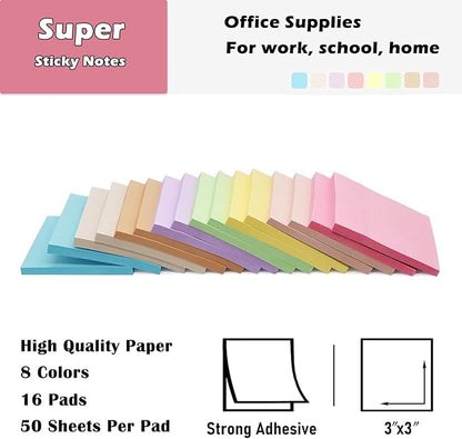 16 Pack Sticky Notes 3x3 in Post, Pastel Colors Sticky Note Pads, Recyclable, Sticky Notes Bulk Easy to Post for Home, Office, Notebook