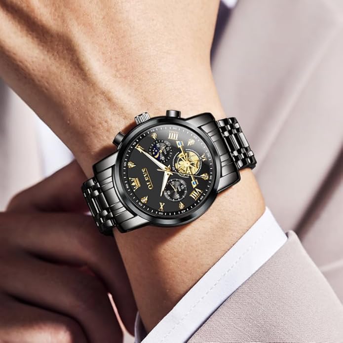 OLEVS Men Silver Watches,Men's Stainless Steel Chronograph Watch,Man Analog Quartz Big Face Male Watches Luxury Waterproof Roman Numeral Dress Diamond Relojes para Hombre