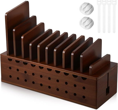 Bamboo Charging Station for Multiple Devices, Cell Phone Docking Charging Station Organizer and Cord Organizer for 10 Devices for Power Strip Storage, Phones and Tablets(Brown)