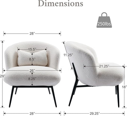 Modern Accent Chair, Upholstered Sherpa Fabric Side Chair With Small Pillow, Black Metal Legs, Comfy Lounge for Living Room Bedroom, White