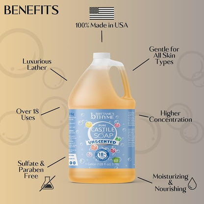 Brittanie's Pure Organic Castile Liquid Olive Oil Soap Refill, 1 Gallon Unscented | Face, Body Wash, All Purpose Cleaner, Dishes, Pets & Laundry | Vegan, Biodegradable, Made in USA