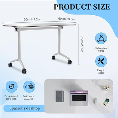 Conference Table, Folding Conference Room Tables, Modern Flip Top Seminar Training Meeting Table with Wheels, Modular Foldable Conference Tables for Home Office Classr (White 6 Pack, 47.2inch)