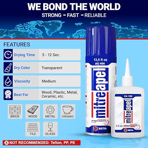 MITREAPEL Super CA Glue (22 x 3.5 oz) with Spray Adhesive Activator (22x13.5 fl oz) Cyanoacrylate CA Glue with Accelerator for Wood, Plastic, Metal, Leather, Ceramic, Crafting&Building (22 Pk)