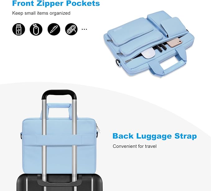 MOSISO Laptop Shoulder Bag 15.6 inch, 15-15.6 inch Computer Bag Compatible with MacBook Pro 16 inch, HP, Dell, Lenovo, Notebook with 2 Raised&1 Flapover&1 Horizontal Pocket&Handle&Belt, Airy Blue