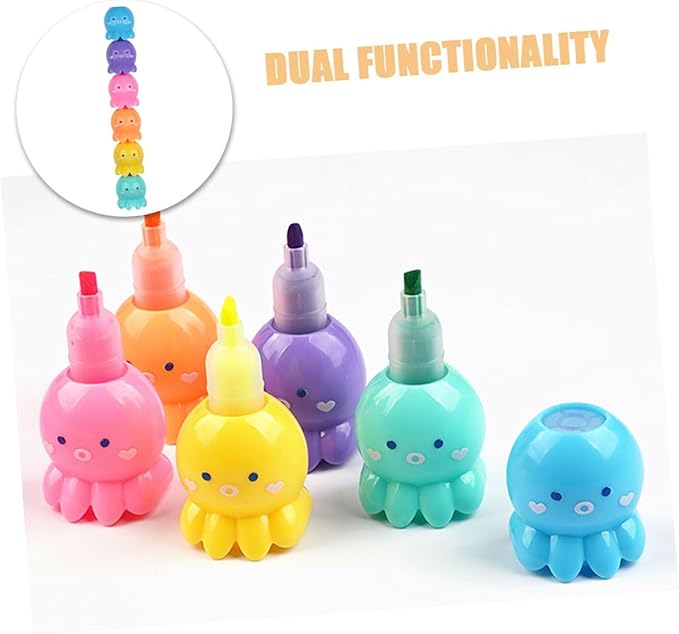 NUOBESTY 2 Sets Octopus-shaped Pastel Highlighter Pens with Single Tip Fluorescent Ink for Note Taking and School Supplies Cute Stackable Markers for Students Classroom Use