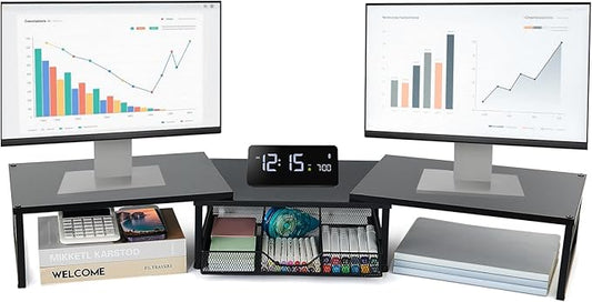 OPNICE Dual Monitor Stand Riser, Desk Organizer with Drawer, Office Desk Organizers and Accessories, Office Workspace Organization, Computer Monitor Stand for Laptop, Printer (Black)