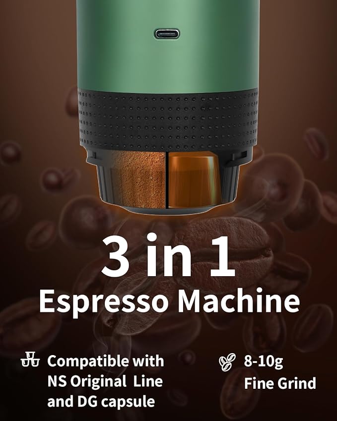 Portable Electric Espresso Machine, Travel Coffee Maker Brewer Compatible with Ground Coffee & NS Capsules (Green with LCD Screen)