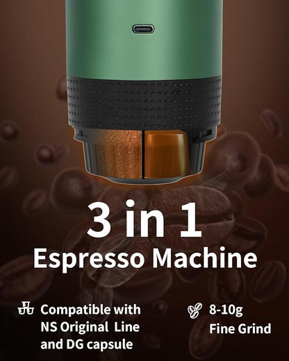 Portable Electric Espresso Machine, Travel Coffee Maker Brewer Compatible with Ground Coffee & NS Capsules (Green with LCD Screen)