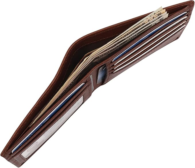 Genuine Leather Bifold Mens Wallet RFID Blocking 5 Credit Card Slots 1 ID Window 2 Sections for Bills 2 Additional Slots | Choco