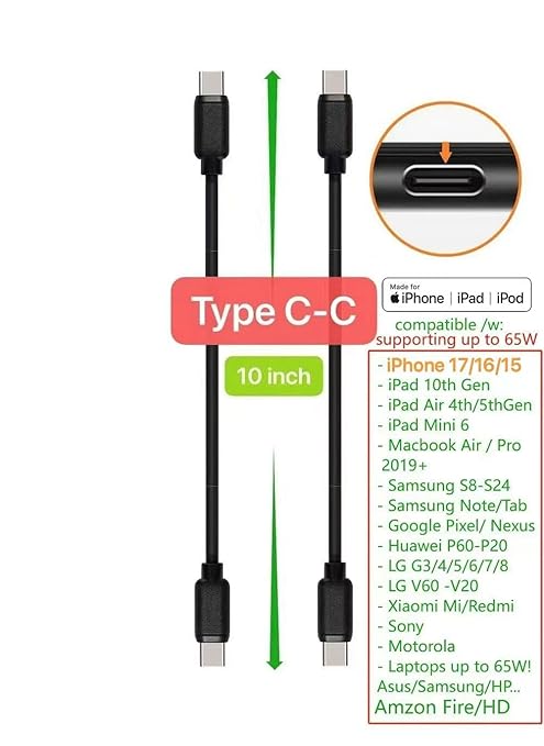 10-Pack Multi Short USB Cables & TypeC-C Cables for Charging Stations Compatible/w iPhone17,16,15, iPhone14-5/ iPads/iPad mini/iPad Pros/Samsung Moblies & Tablets/Pixel & Nexus/HTC/Sony(Black)