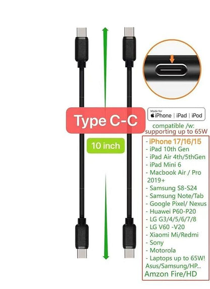 10-Pack Multi Short USB Cables & TypeC-C Cables for Charging Stations Compatible/w iPhone17,16,15, iPhone14-5/ iPads/iPad mini/iPad Pros/Samsung Moblies & Tablets/Pixel & Nexus/HTC/Sony(Black)