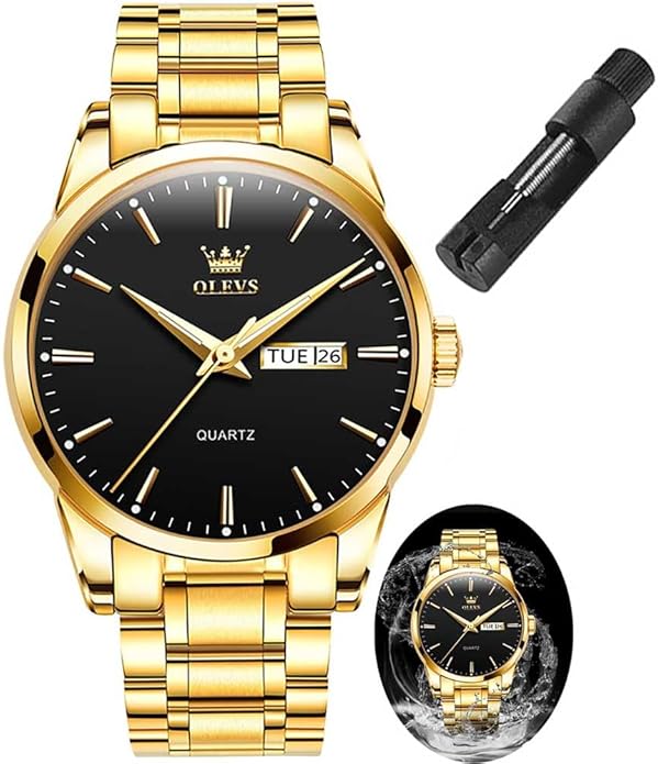 OLEVS Men's Luxury Watch Waterproof Luminous Easy Read Chronograph Watches Full Gold/White Dail/Black Face with Calendar Wristwatch