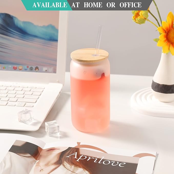 12 Pack Sublimation Glass Cups Frosted 16oz Blanks Beer Can Borosilicate Glasses Tumbler with Bamboo Lids and Straws for Beer, Juice, Soda, Iced Coffee, Drinks