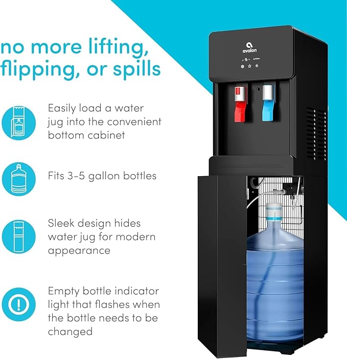 Avalon A6BLWTRCLRBLK Touchless Bottom Loading Cooler Dispenser-Hot & Cold Water, Child Safety Lock, Innovative Slim Design, Holds 3 or 5 Gallon Bottles-UL-Black