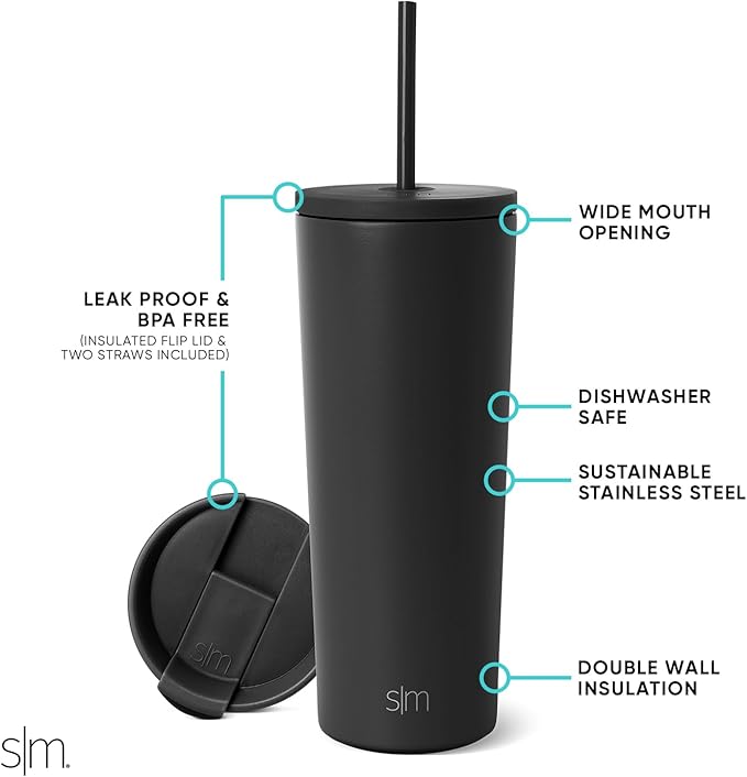 Simple Modern Insulated Tumbler with Lid and Straw | Iced Coffee Cup Reusable Stainless Steel Water Bottle Travel Mug | Gifts for Women Men Her Him | Classic Collection | 24oz | Midnight Black