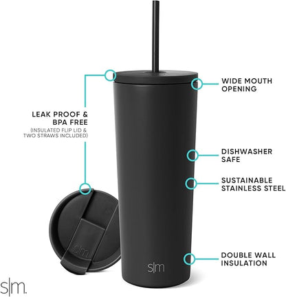 Simple Modern Insulated Tumbler with Lid and Straw | Iced Coffee Cup Reusable Stainless Steel Water Bottle Travel Mug | Gifts for Women Men Her Him | Classic Collection | 24oz | Midnight Black