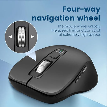Wireless Bluetooth Mouse (USB + BT1 + BT2), Full Size, 4-Way Scrolling, Multi-Device Silent Mouse for Computer, Laptop, iPad, MacBook (Grey)