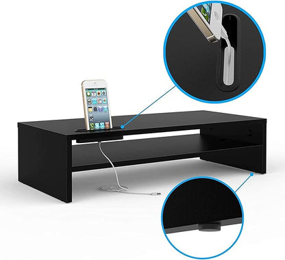 BONTEC Wood Monitor Stand Riser, 2-Tier Desktop Organizer with Storage, Ergonomic Computer Stand for Desk, Cable Management, Cellphone Holder, 21.3 Inch Shelf, Black