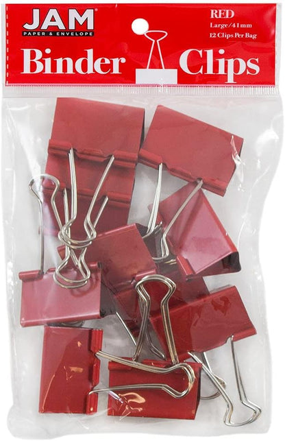 JAM PAPER Colorful Binder Clips - Large - 1 1/2 Inch (41 mm) - Red Binderclips - 12/Pack