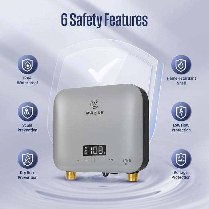 Westinghouse Apolo Mini 8kW Tankless Water Heater Electric, 240V Instant Hot Water, Smart WiFi Control, Compatible with Alexa & Google Home, Gray