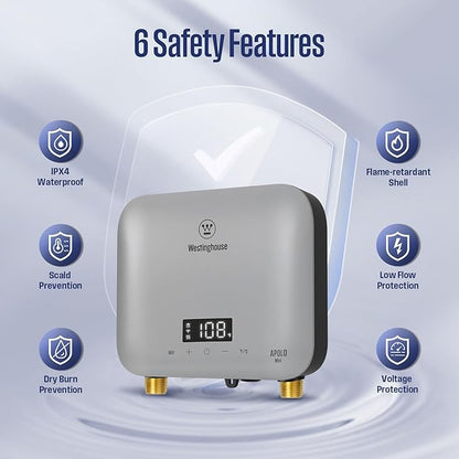 Westinghouse Apolo Mini 8kW Tankless Water Heater Electric, 240V Instant Hot Water, Smart WiFi Control, Compatible with Alexa & Google Home, Gray