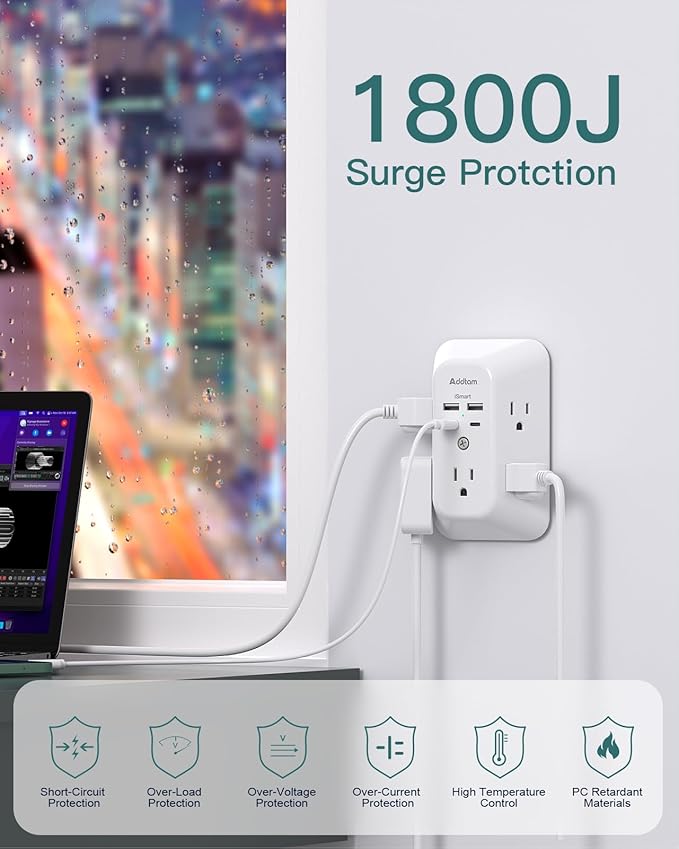 2 Pack Surge Protector Outlet Extender - Addtam 5-Outlet Splitter with 4 USB Wall Charger(2 USB-C Ports), Multi Plug Outlet Power Strip for Home, Dorm Room Essentials