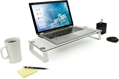 Mount-It! Glass Computer Monitor Riser and Laptop Stand | Clear Flat Screen Display Stand, Desktop Shelf and Organizer, Glass and Aluminum Construction, 22 Inches Wide, 44 lb Carrying Capacity