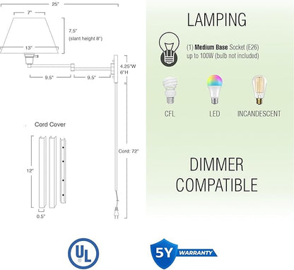 Kira Home Cambridge 15" Modern Swing Arm Wall Lamp - Plug in/Wall Mount + Black Fabric Shade, Cool Brass Finish, 2-Pack