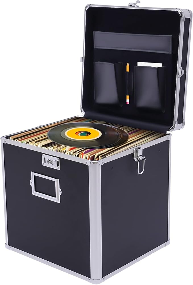 Stackable Vinyl Record Storage Box, Lockable 50 Album Storage Holder, Portable Locking File Storage Organizer with Handle, Letter/Legal File Storage,Black