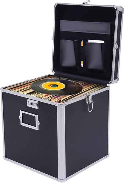 Stackable Vinyl Record Storage Box, Lockable 50 Album Storage Holder, Portable Locking File Storage Organizer with Handle, Letter/Legal File Storage,Black