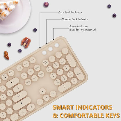 Kootop Wireless Keyboard and Mouse Combo, Cute Colorful 104 Keys Typewriter Retro Round Keycaps Keyboard for PC Laptop,Desktop,Windows, Home and Office Keyboards Coffee