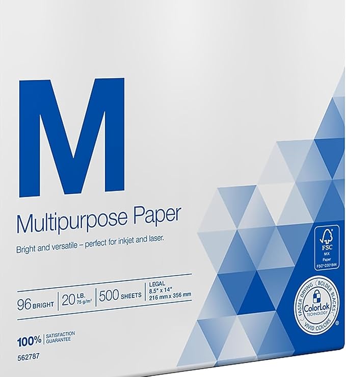 Staples Multipurpose Laser Inkjet Copy Paper, 8 1/2 Inch x 14 Legal Size, 20 lb., 96 Bright White, ColorLok, Ream, 500 Total Sheets (562787)