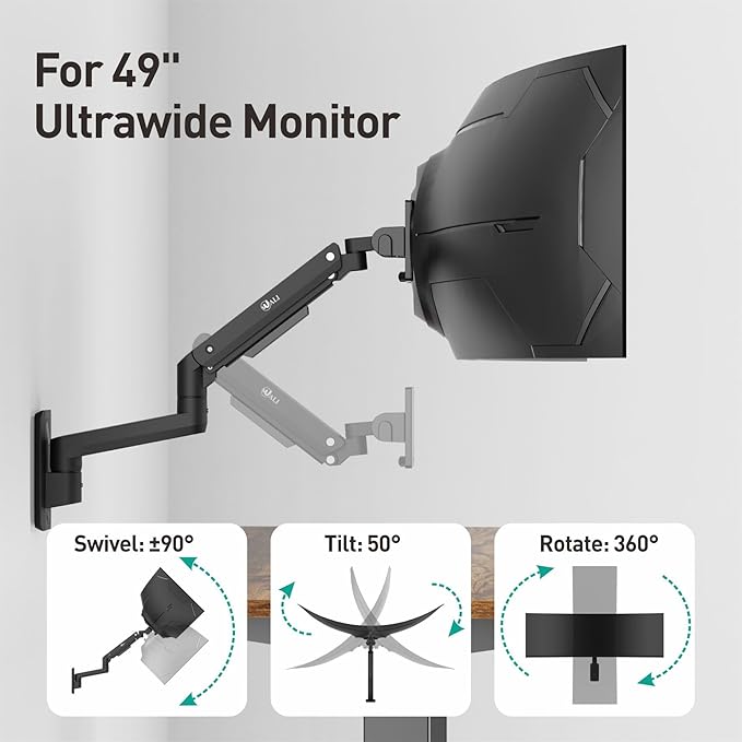 WALI Monitor Wall Mount for 17-49 Inch Ultrawide Screens, Heavy Duty Single Monitors Mount Holds 44 lbs, Full Adjustable Gas Spring Wall Mount Monitor Arm, 75x75/100x100mm VESA (GSWM001XL-P), Black