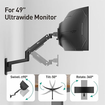 WALI Monitor Wall Mount for 17-49 Inch Ultrawide Screens, Heavy Duty Single Monitors Mount Holds 44 lbs, Full Adjustable Gas Spring Wall Mount Monitor Arm, 75x75/100x100mm VESA (GSWM001XL-P), Black