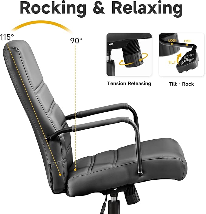 Office Desk Chair Leather, Conference Room Chairs with Wheels, Modern Executive Office Chairs Adjustable Height, Ergonomic Swivel Rolling Ribbed Computer Chair(Matte Black)