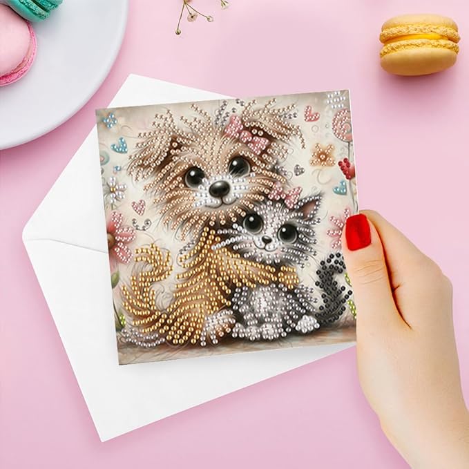 6pcs Diamond Art Painting Postcards with Envelope, Cute Cat Dog Pattern Daily DIY Handmade Greeting Cards Wishing Cards for Special Occasion Festival Craft Gift