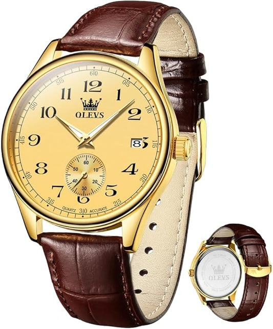OLEVS Mens Watches Vintage Leather Band Dress Classic Easy Reader Arabic Numerals Analog Quartz Waterproof Date and Day Blue/Black/White Large Face Men's Wrist Watches