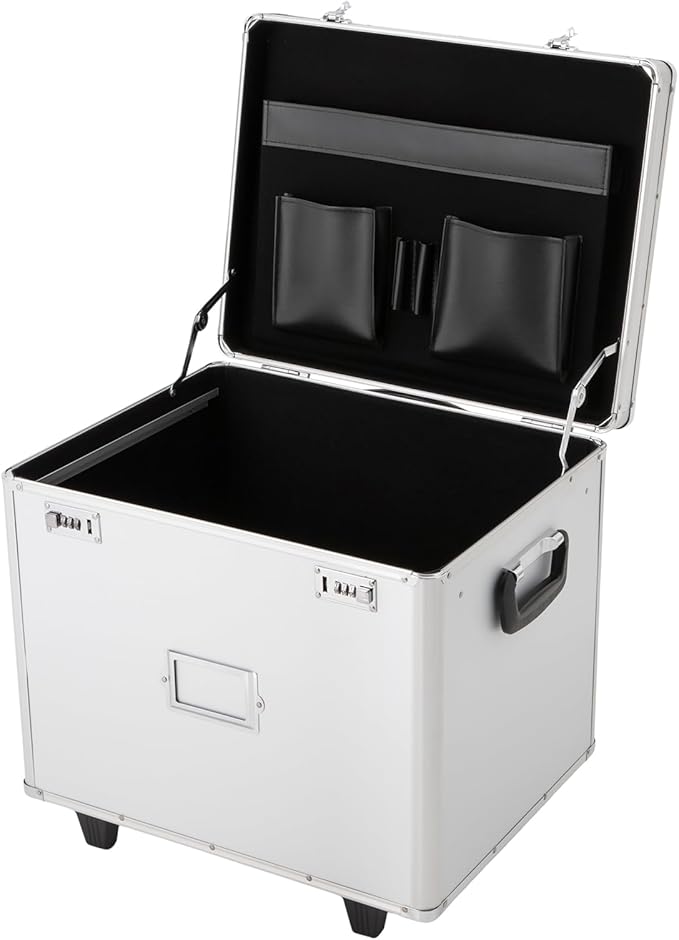 Portable File Box on Wheels Hand Pull Locking Mobile Business Case with Handle Rolling File Organizer Storage Box with Lock Modern Wheeled File Cabinet Filing Cabinets for Office Documents, Silver