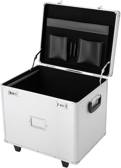 Portable File Box on Wheels Hand Pull Locking Mobile Business Case with Handle Rolling File Organizer Storage Box with Lock Modern Wheeled File Cabinet Filing Cabinets for Office Documents, Silver