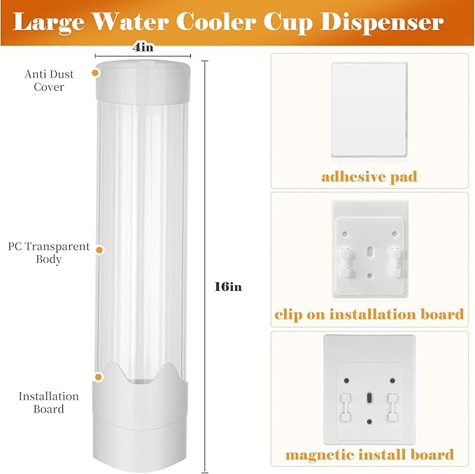 Upgraded Cup Dispenser, Wall Mount Pull Type Water Cooler Cup Holder for 9oz - 12oz Disposable Paper Plastic Cups for Home Office, with Magnetic Mounting Plate (White)