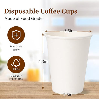 RACETOP [500 pack] Disposable Coffee Cups 12 oz, Paper Cups 12 oz, Hot Cups, Ideal for Hot Drinks, Coffee(white)