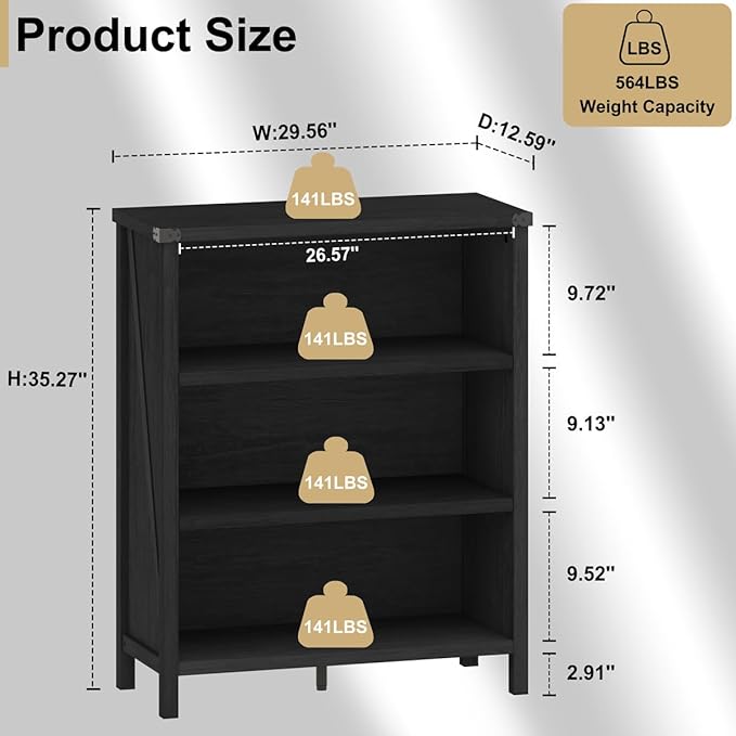 BON AUGURE Small Bookshelf, 3 Tier Black Book Shelf, Farmhouse Storage Bookcase, Short Wooden Book Cases for Small Space, Office, Bedroom, Living Room (Black Oak)