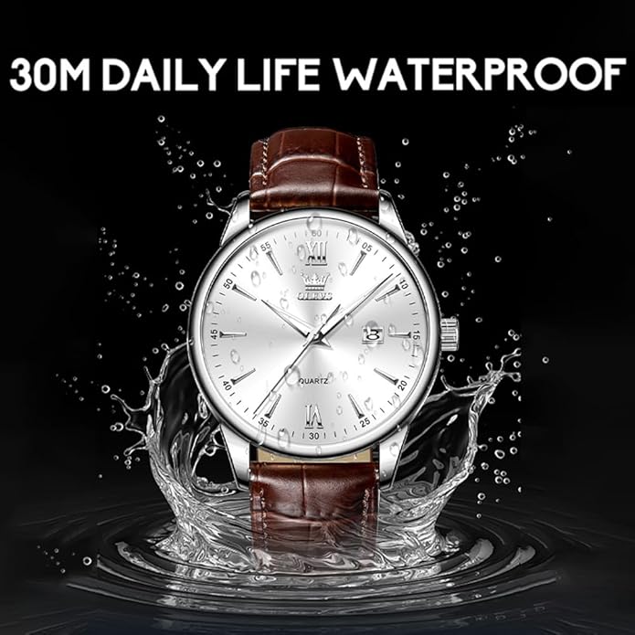 OLEVS Mens Watches Vintage Leather Band Dress Classic Easy Reader Arabic Numerals Analog Quartz Waterproof Date and Day Blue/Black/White Large Face Men's Wrist Watches