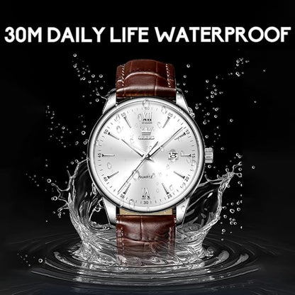 OLEVS Mens Watches Vintage Leather Band Dress Classic Easy Reader Arabic Numerals Analog Quartz Waterproof Date and Day Blue/Black/White Large Face Men's Wrist Watches