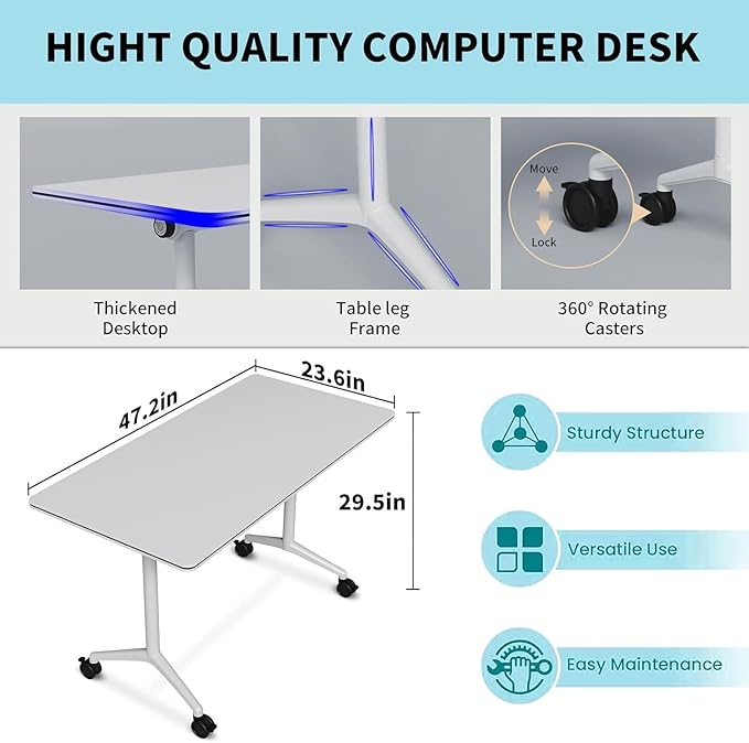 Folding Conference Table, Rectangular Conference Room Tables, Mobile Modular Training Table, Solid Steel Frame,Thickened Panel,for Schools,Meeting Room and Offices (4PCS, 47in)