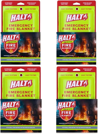 HALT! Emergency Fire Blanket - Rapid Fire Suppression for Home, Kitchen, Car & Camping |Lightweight, No Mess, Safe for Grease & Electrical Fires | Reusable & Never Expires (4-Pack)