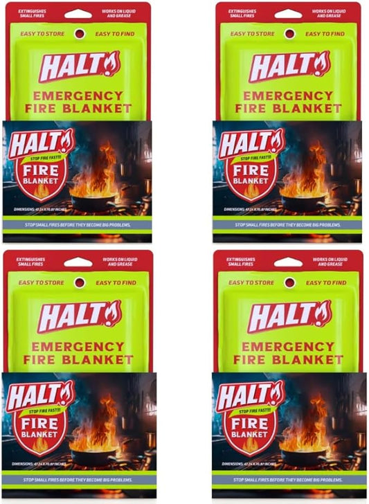HALT! Emergency Fire Blanket - Rapid Fire Suppression for Home, Kitchen, Car & Camping |Lightweight, No Mess, Safe for Grease & Electrical Fires | Reusable & Never Expires (4-Pack)