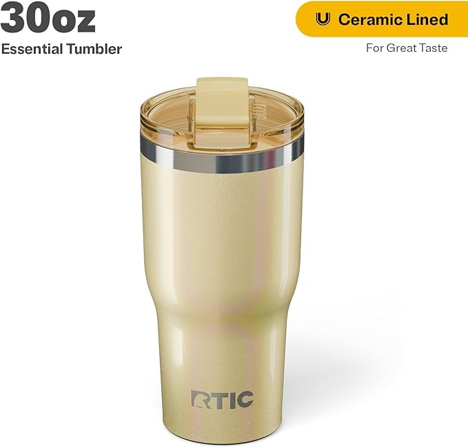RTIC 30oz Essential Tumbler with Lid, Ceramic Lined, Insulated, Stainless Steel, Metal, Double Wall Vacuum-Insulation, Travel Cup for Iced Coffee, Tea, Hot and Cold Drink, Sunlight Glitter
